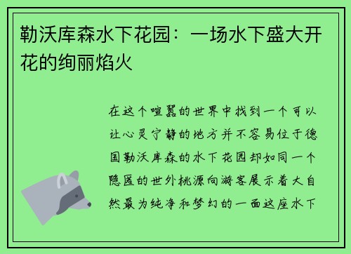 勒沃库森水下花园：一场水下盛大开花的绚丽焰火